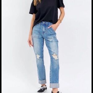 NWT Judy Blue Boyfriend Fit Jeans Women’s 27 Destroyed Double Cuffed Medium Wash